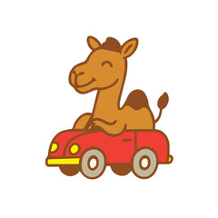 A Cute Camel Driving a Red Toy Car