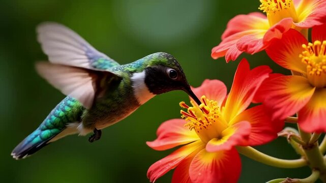 Hummingbird in Slow Motion Feeding from Vibrant Blossom Wings Rapidly Beating  A Stunning Close Up of Nature