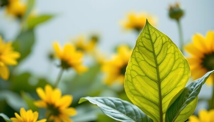 an up close view of yellow sunflowers with vibrant green leaves, arranged in rows against a white background