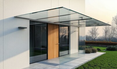 Modern house entrance with wooden door, large glass panels, and a glass canopy, surrounded by a neatly landscaped green lawn and garden beds under soft daylight