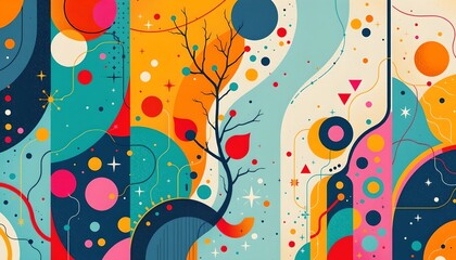 an abstract digital art illustration with vibrant colors, featuring an intricate pattern of shapes and dots that resemble stars against a background that appears to be a night sky