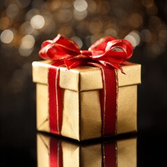 Golden gift box with red ribbon bow, symbolizing luxury and celebration
