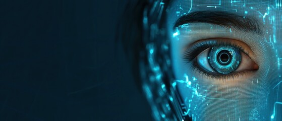 Close-up of a human eye integrated with futuristic blue digital and cybernetic elements conveying advanced technology and artificial intelligence