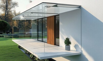 Fototapeta premium Modern minimalist house entry with large glass walls, wooden door, concrete floating porch, potted plant, and green lawn in soft sunlight