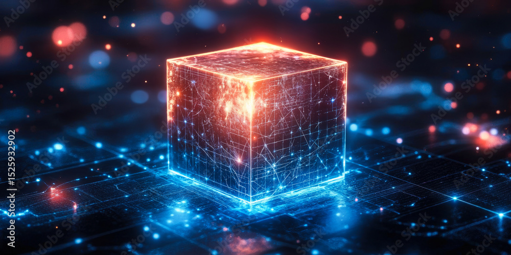 Poster glowing futuristic digital cube with network connections and holographic grid in dark technological 