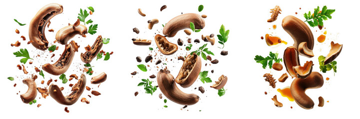 Set of falling Tamarind isolated on white background.