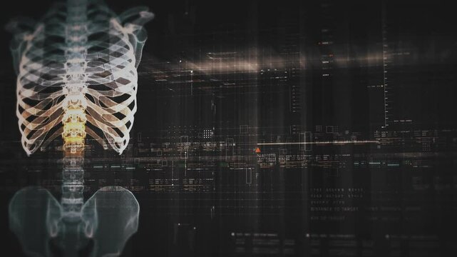 Futuristic biomedical concept with advanced holographic scanning and HUD diagnosing spinal disc herniation using 3D holograms of a patient&rsquo;s backbone, AR, and real-time medical imaging