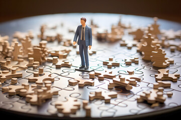Businessman stands among scattered puzzle pieces on a wooden table representing challenges in problem-solving