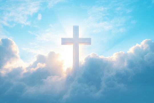 A large glowing cross emerging from bright clouds with sunlight shining through against a blue sky, evoking a sense of hope and spirituality - Powered by Adobe