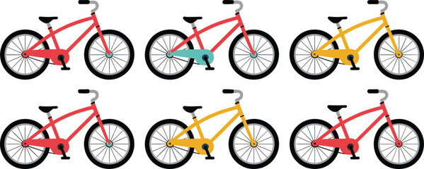 Flat vector bicycle set, colorful modern bikes collection, urban cycling design for sport, transportation, recreation, outdoor activity and fitness concepts

 flat vector illustration