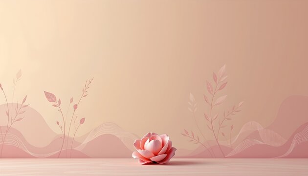 a pink wallpaper with a floral border features a single blooming flower centrally placed in front of it