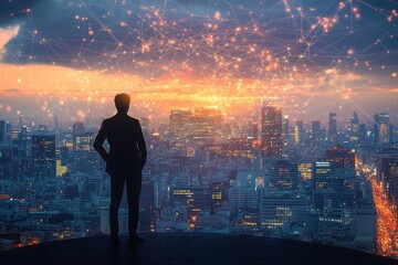 Silhouette of a man overlooking a vibrant cityscape at sunset with interconnected glowing network nodes above the skyline symbolizing digital connectivity