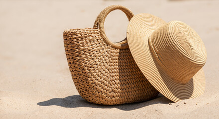 Straw hat with woven bag on beach sand. Summer vacation and beach holiday concept. Image for travel, tourism, fashion, banner with copy space