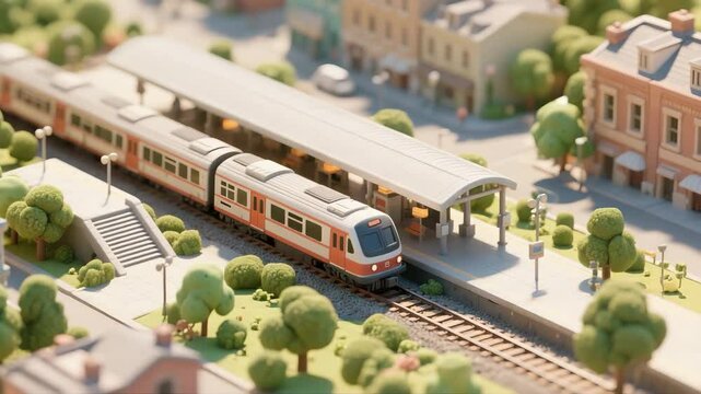 Cinematic animation of a stylized miniature town train station with a red and white train slowly pulling forward on the tracks, camera focused on the front as buildings and trees frame the scene