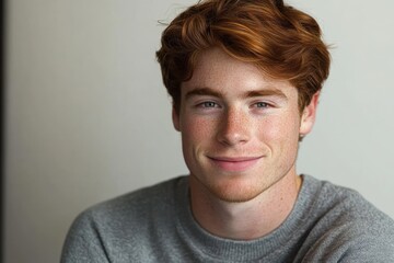 Fototapeta premium young man with red hair and freckles smiling softly wearing a gray sweater against a neutral background