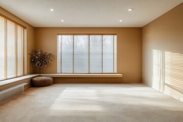 Obraz premium Empty cozy room with warm beige walls, large windows covered by blinds letting in diffused sunlight, a potted plant, and a round knitted pouf creating a calm and inviting atmosphere