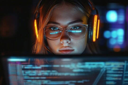 Focused young woman wearing illuminated headphones and glasses looking at computer screen with digital code in a dark room