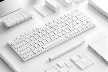 White wireless keyboard, sleek pen, sticky notes, and modern desk items neatly arrange. Suitable for bloghing wallpaper