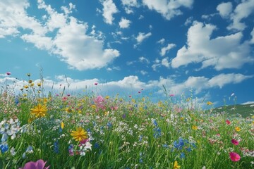 Vibrant meadow overflowing with colorful wildflowers under a bright blue sky, meadow bursting with wildflowers, Seamless ing Photo background