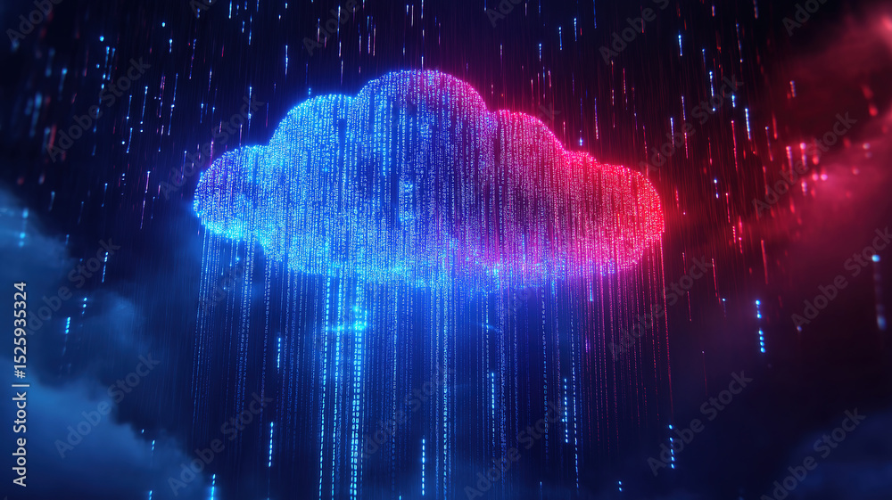 Poster data storage and connectivity symbolized by digital cloud icon with binary code and falling rain