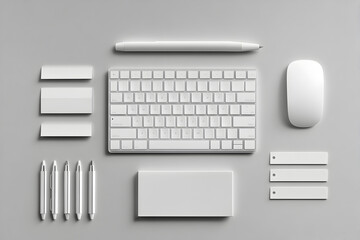 White keyboard, sleek pen, sticky notes, and modern desk items
