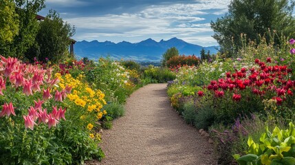 11.A peaceful garden path lined with blooming columbine flowers in vivid colors, with the dramatic Colorado Rocky Mountains visible in the distance.
