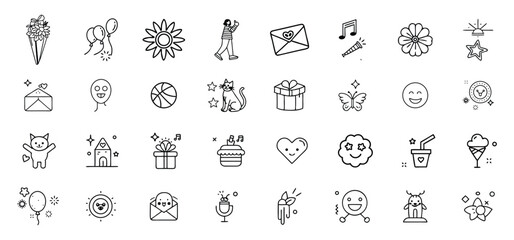 Collection of delightful hand drawn black and white icon set featuring celebration elements and decorative illustrations.