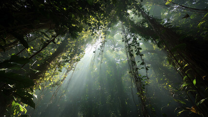 Sun rays through jungle canopy with shadows dancing, filtered sunlight, serene forest theme, cinematic landscape