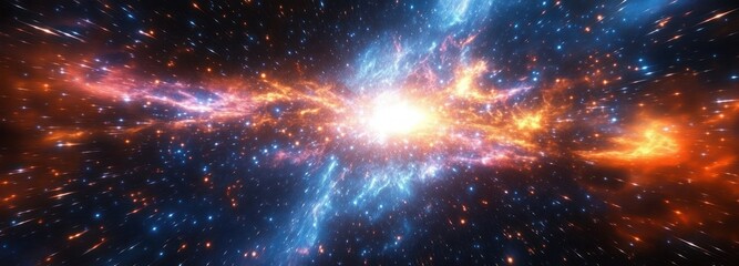 Bright cosmic explosion in deep space with glowing blue and orange nebulae surrounded by sparkling stars and light streaks conveying dynamic energy