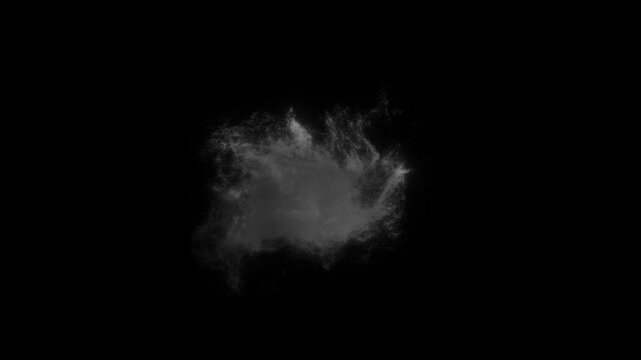 Amorphous cloud of turbulent white smoke with subtle inner light activity on black background. Abstract animation for mystical or weather effects