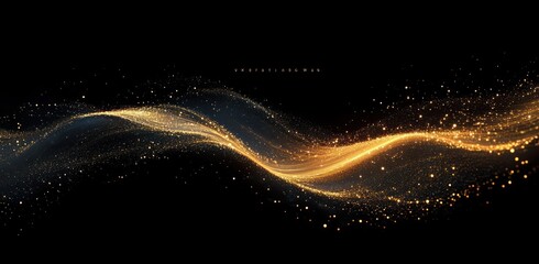 Dynamic flowing wave of golden particles and light streaks on black background conveying energy and motion