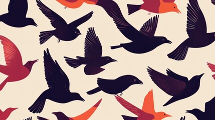 Fototapeta premium Flying Birds Seamless Pattern Dark Red Avian Art