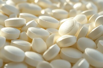 White pills scattered on a surface, showcasing their round shape and smooth texture for health related themes, white pill medicine