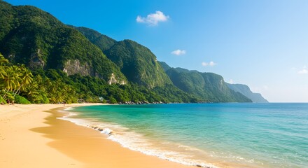 Fototapeta premium Aerial View of Tropical Cliffside Beach with Turquoise Water and Rocky Islands