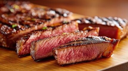 Juicy medium rare ribeye steak slices, showcasing rich flavors and perfect grilling.