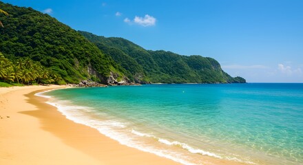Fototapeta premium Aerial View of Tropical Cliffside Beach with Turquoise Water and Rocky Islands