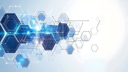 Obraz premium Modern 3D hexagonal technology abstract background features blue bright energy flashes under hexagons in a futuristic technology design against a white background