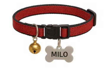 Red cat collar with golden bell, bone-shaped name tag reading milo, hanging against transparent background