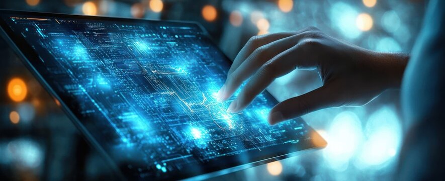 Person interacting with a transparent digital tablet displaying futuristic blue glowing circuit board interface in a dimly lit environment