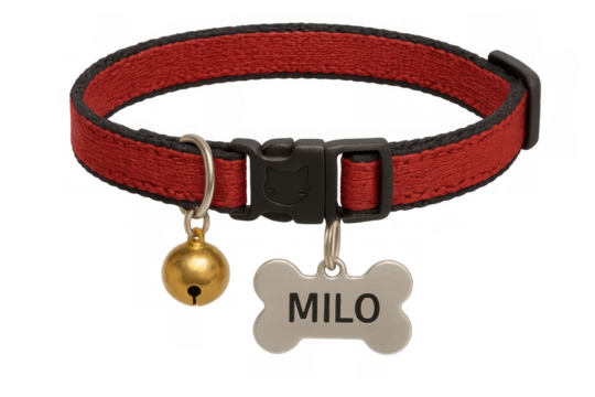 Red cat collar with golden bell, bone-shaped name tag reading milo, hanging against transparent background