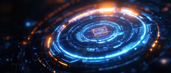 Glowing circular futuristic digital interface with blue and orange light patterns indicating technology and data processing