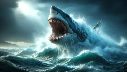 Naklejka premium Megalodon, the ocean waves with powerful jaws