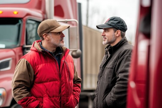 Truck driver and warehouse worker discussing logistics at a delivery site in early morning, Truck driver talking with warehouse worker, industrial trucking industry - Powered by Adobe