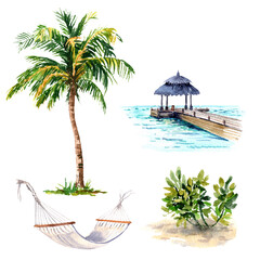 watercolor set with elements for  tropic rest