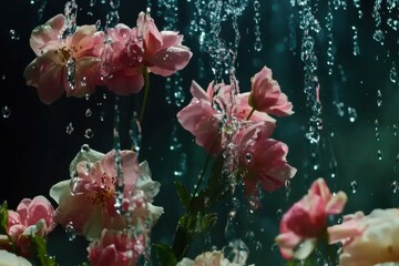 Water drops gracefully fall over delicate pink flowers in ultra slow motion, Water drops falling over flowers, Ultra Slow Motion