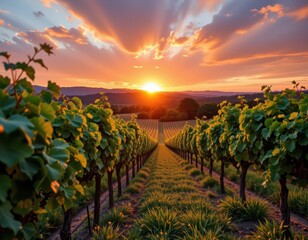Fototapeta premium lush vineyard bathed in sunset light, rows of grapevines stretching into the distance, sky painted in soft orange and pink hues, relaxing and picturesque.
