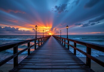 Fototapeta premium a wooden pier stretching into the ocean at sunset, glowing horizon ahead, waves gently lapping, old lanterns lining the pier, nostalgic and tranquil mood.