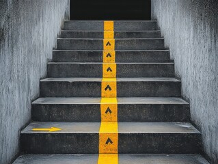 concrete stairway with a bold yellow line and black upward arrows in the center and a yellow arrow pointing right on the bottom step under dramatic lighting