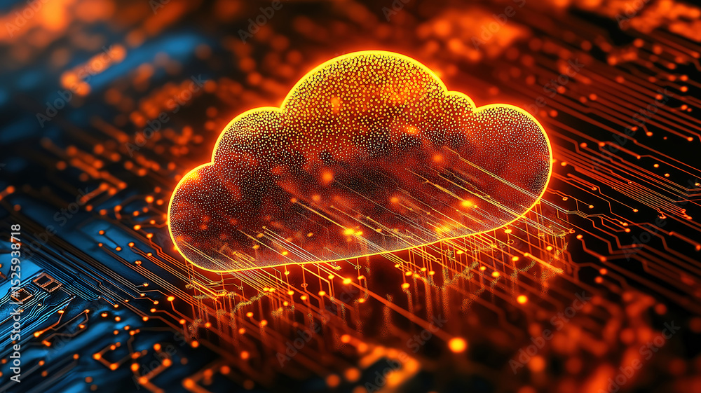 Poster circuit board with glowing cloud symbol representing digital network and cloud computing system