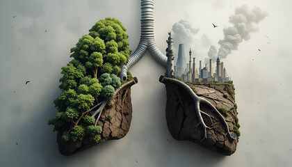 Artistic concept showing lungs as landscapes—one lush and alive, the other barren and polluted—symbolizing environmental impact on human health.